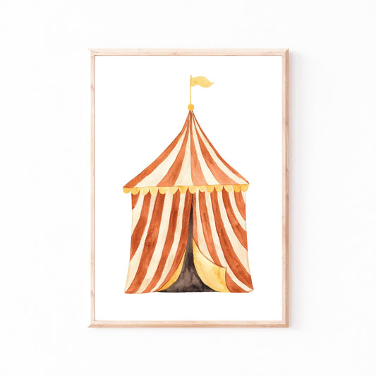 Poster Zirkuszelt A3 & A4 zeigt ein Aquarell eines Zirkuszelts. Ideal für Kinderzimmerdeko, auf hochwertigem, mattem Naturpapier gedruckt.