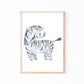 Posterset Safari: Aquarell-Zeichnung eines Zebras, Teil eines 6er-Sets mit Elefant, Löwe, Affe, Flusspferd und Giraffe, erhältlich in A3 und A4.