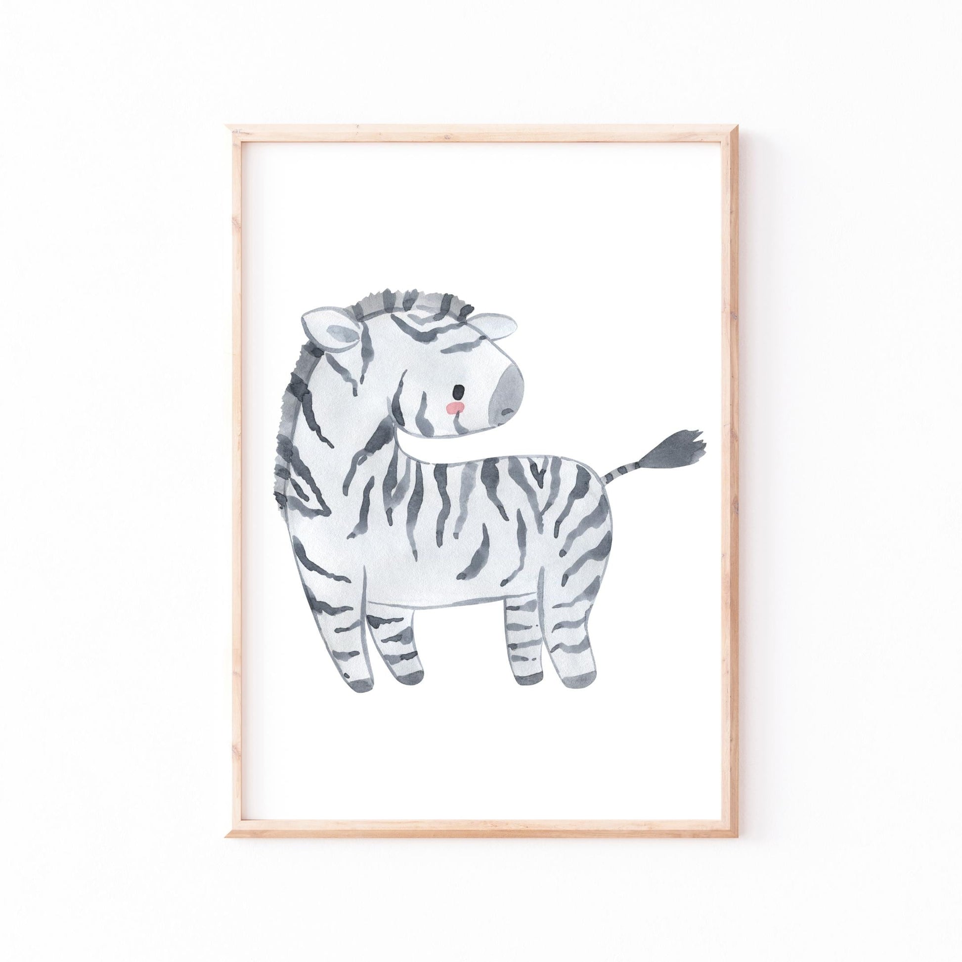 Posterset Safari: Aquarell-Zeichnung eines Zebras, Teil eines 6er-Sets mit Elefant, Löwe, Affe, Flusspferd und Giraffe, erhältlich in A3 und A4.