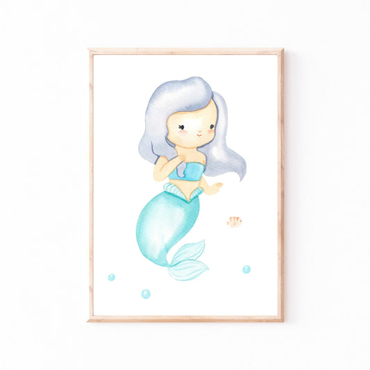 Poster Meerjungfrau & Fisch A3 & A4: Illustration einer süßen Meerjungfrau in kindlichem Stil, ideal als Kinderzimmerdeko auf hochwertigem, mattem Naturpapier.