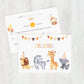 Einladung Kindergeburtstag Tiere A6, zeigt Aquarelltiere mit Partyhüten auf zwei Karten. Perfekt für Kinder, hochwertiges 300g Naturpapier, einfach auszufüllen.
