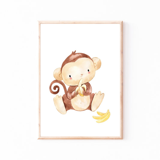Poster Affe mit Banane A3 & A4 zeigt eine Cartoon-Darstellung eines Affen, der eine Banane hält, ideal für Kinderzimmerdekoration oder als Geschenk.