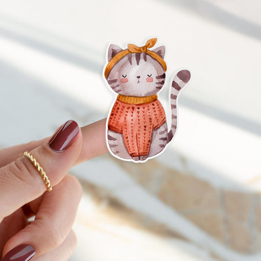 Person hält Sticker Katze, Vinyl-Aufkleber mit Katze im Vintage-Stil, handgefertigt, ideal für Bullet Journals, Laptops oder Handyhüllen. Hochwertig, spritzfest und langlebig.