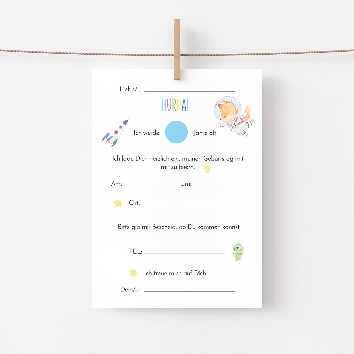 Einladung Kindergeburtstag Astronauten A6: Karte mit Cartoon-Tier und Astronauten-Motiv, ideal für Kinder, auf hochwertigem Naturpapier, leicht auszufüllen.