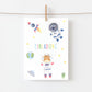 Einladung Kindergeburtstag Astronauten A6 mit Weltraum-Motiven: Koala und Kuh im Raumanzug, Rakete, UFO, auf hochwertigem 300g Naturpapier, leicht ausfüllbar.