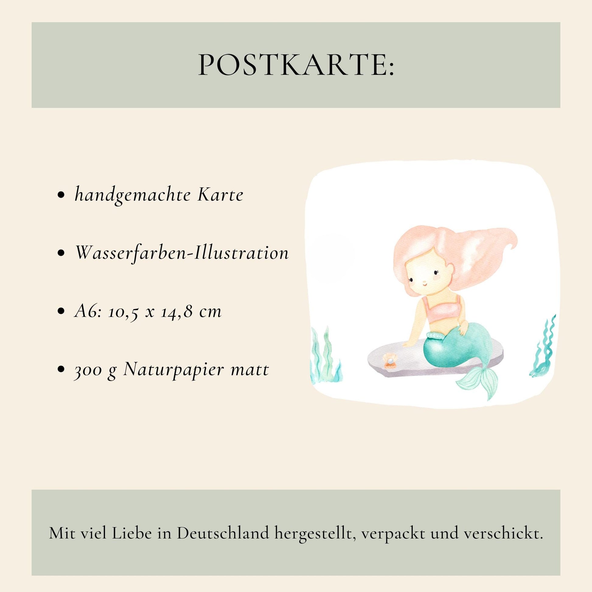 Karte Kindergeburtstag Meerjungfrauen mit handgemalter Meerjungfrau auf einem Felsen und 'Herzlichen Glückwunsch' Schriftzug, ideal für kleine Meerjungfrauen-Fans.