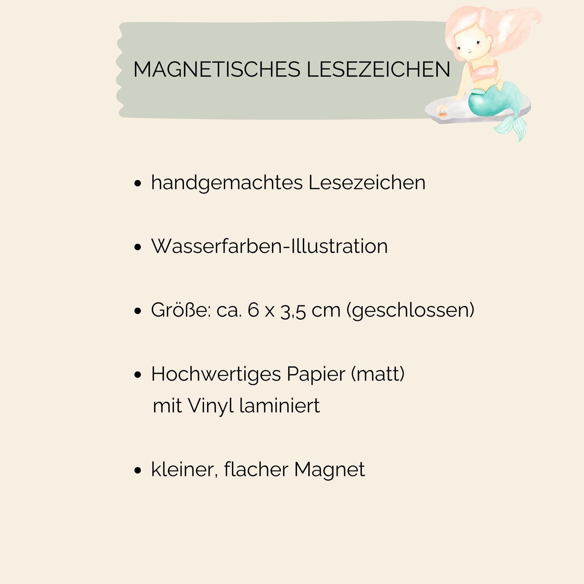 Magnetisches Lesezeichen Meerjungfrau zeigt handgemalte Meerjungfrau. Gedruckt auf mattem Papier, versiegelt mit Vinyl, enthält kleine Magnete für sicheren Halt.