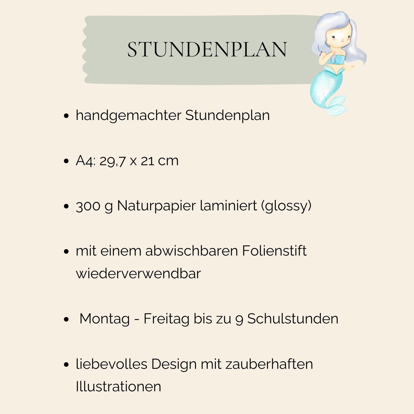 Stundenplan Meerjungfrau A4 mit cartoonhafter Meerjungfrau, gedruckt auf 300g Naturpapier und laminiert, wiederverwendbar mit abwischbarem Marker, ideal als Geschenk zur Einschulung.