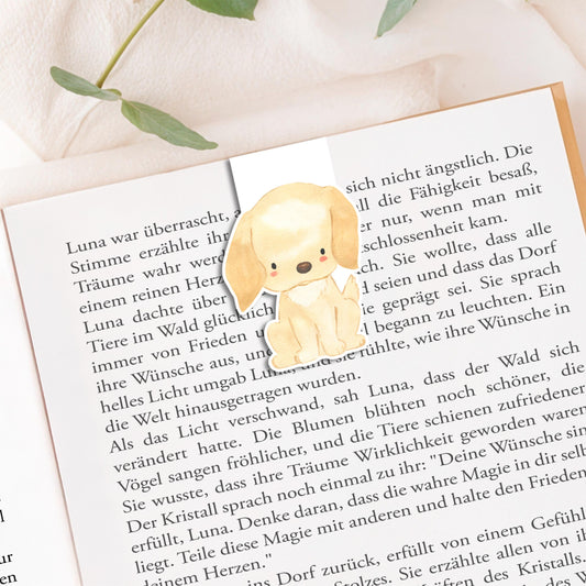 Magnetisches Lesezeichen Golden Retriever, handgemaltes Hundemotiv, aus 200g Papier mit Vinylschutz, enthält Magnete zum sicheren Befestigen an Buchseiten, ca. 6 x 3,5 cm.