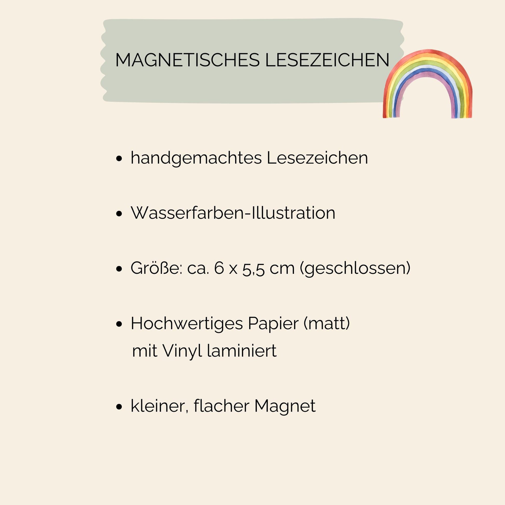 Magnetisches Lesezeichen Regenbogen Rosa, handgemalt, ca. 6 x 5,5 cm, aus 200g Papier mit Vinyl, enthält Magnete für sicheren Halt an Buchseiten.