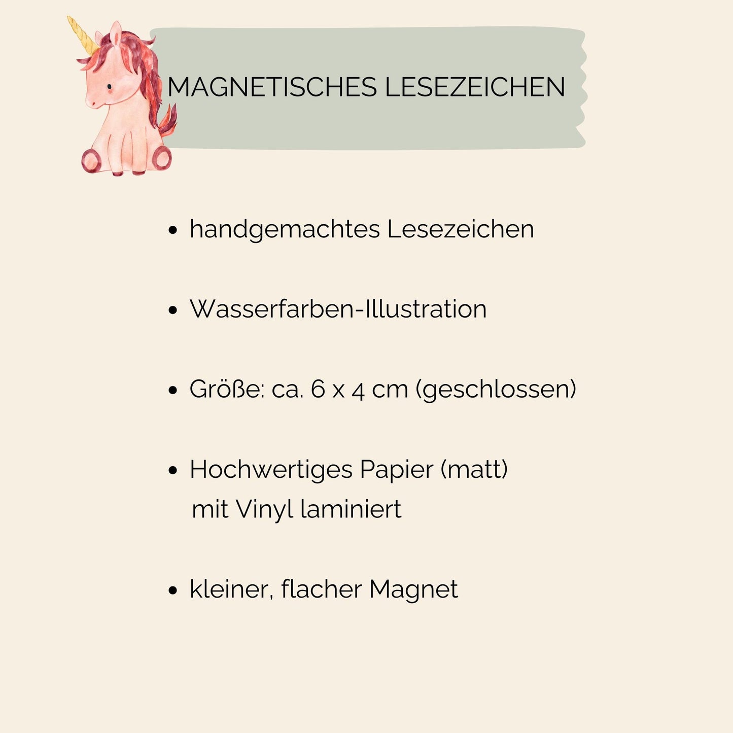 Magnetisches Lesezeichen Einhorn, handgemalt, aus 200g Papier mit Vinylschutz, ca. 6x3,5 cm, enthält Magnete zum sicheren Halt an Buchseiten.