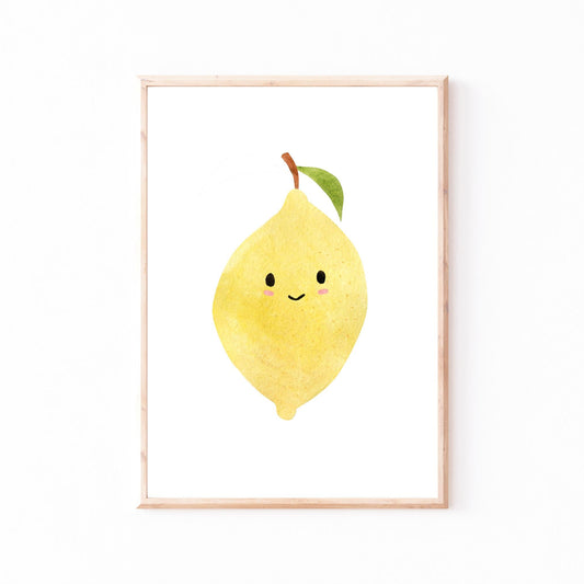 Poster Zitrone in A5, A4, A3: Fröhliche, lächelnde Zitrone, ideal für Kinderzimmerdeko. Hochwertiger Druck auf festem 300g Naturpapier, nachhaltig produziert.