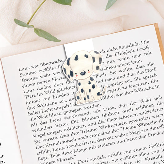Magnetisches Lesezeichen Dalmatiner mit handgemaltem Hundemotiv, auf hochwertigem Papier gedruckt und mit Vinyl versiegelt. Ideal für Buchliebhaber und Hundefreunde.