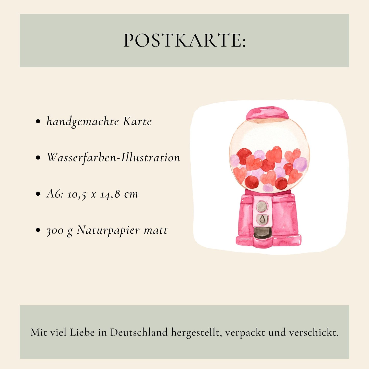Postkarte Karte Süßigkeiten Alles Liebe A6 mit Retro-Motiv von Herz-Süßigkeiten und Alles Liebe Schriftzug, gedruckt auf mattem Naturpapier.