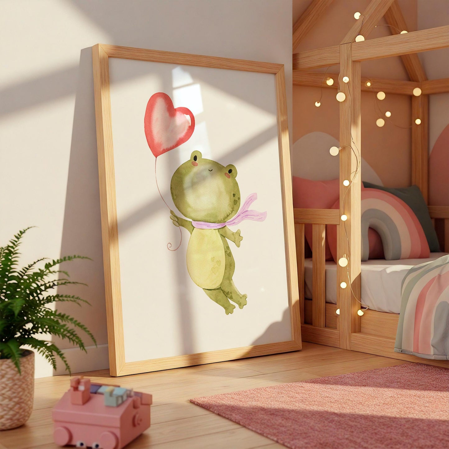 Poster Frosch & Ballon A3 & A4: Ein fröhliches Frosch-Design auf hochwertigem 300g Naturpapier, ideal für Kinderzimmer. Ohne Rahmen aufhängbar.
