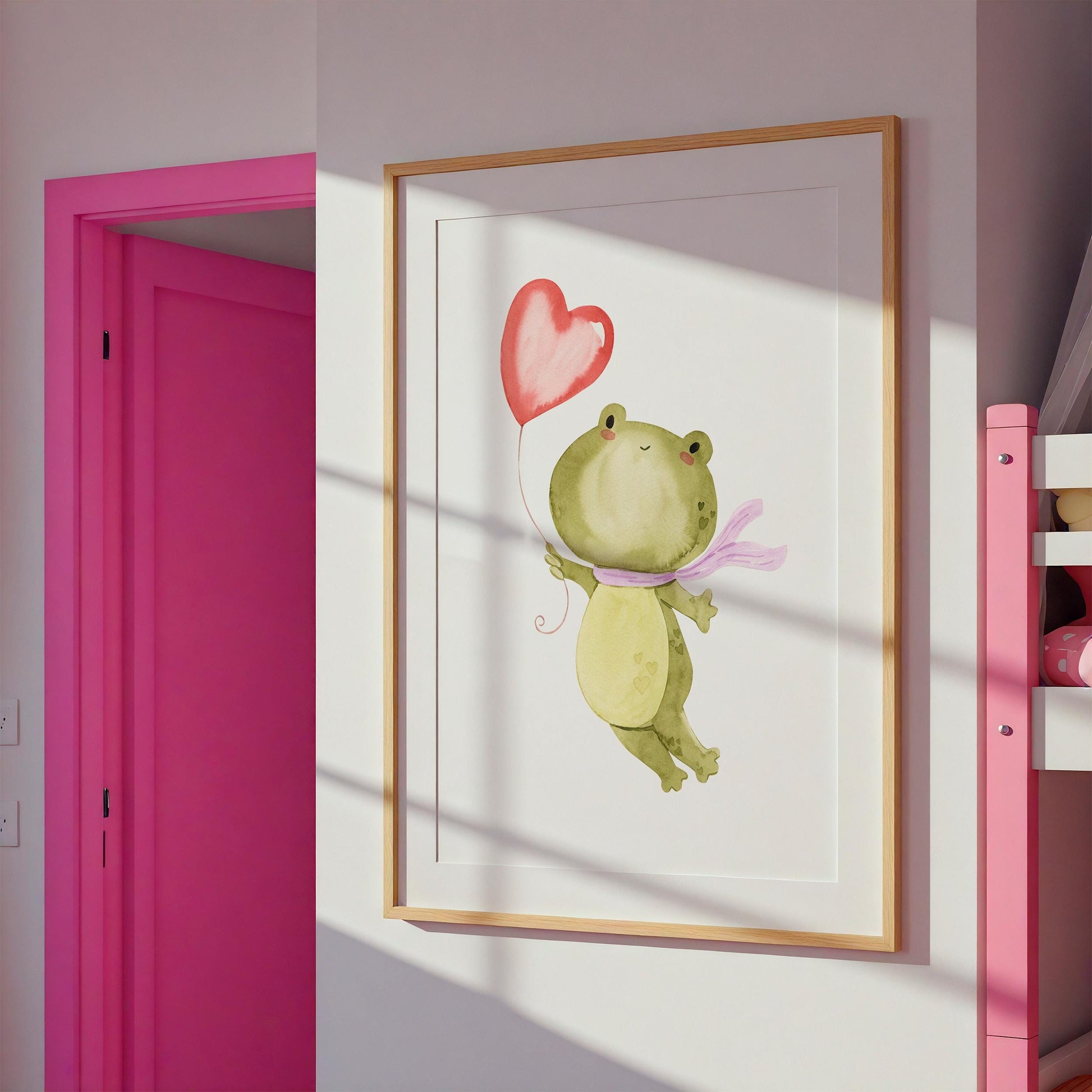 Poster Frosch & Ballon A3 & A4: Ein fröhliches Froschmotiv auf hochwertigem, mattem Naturpapier; ideal für Kinderzimmerdekoration, ohne Rahmen nutzbar.