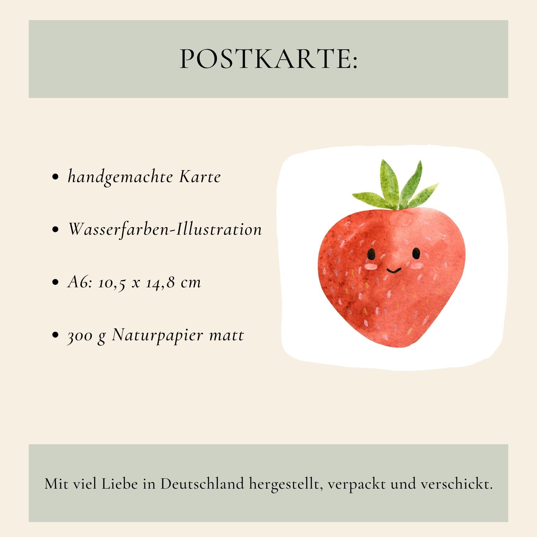 Postkarte Karte Erdbeere A6 mit Erdbeer-Motiv auf mattem 300g Naturpapier. Perfekt für Grüße oder Dekoration, beschreibbare Rückseite, Größe A6.