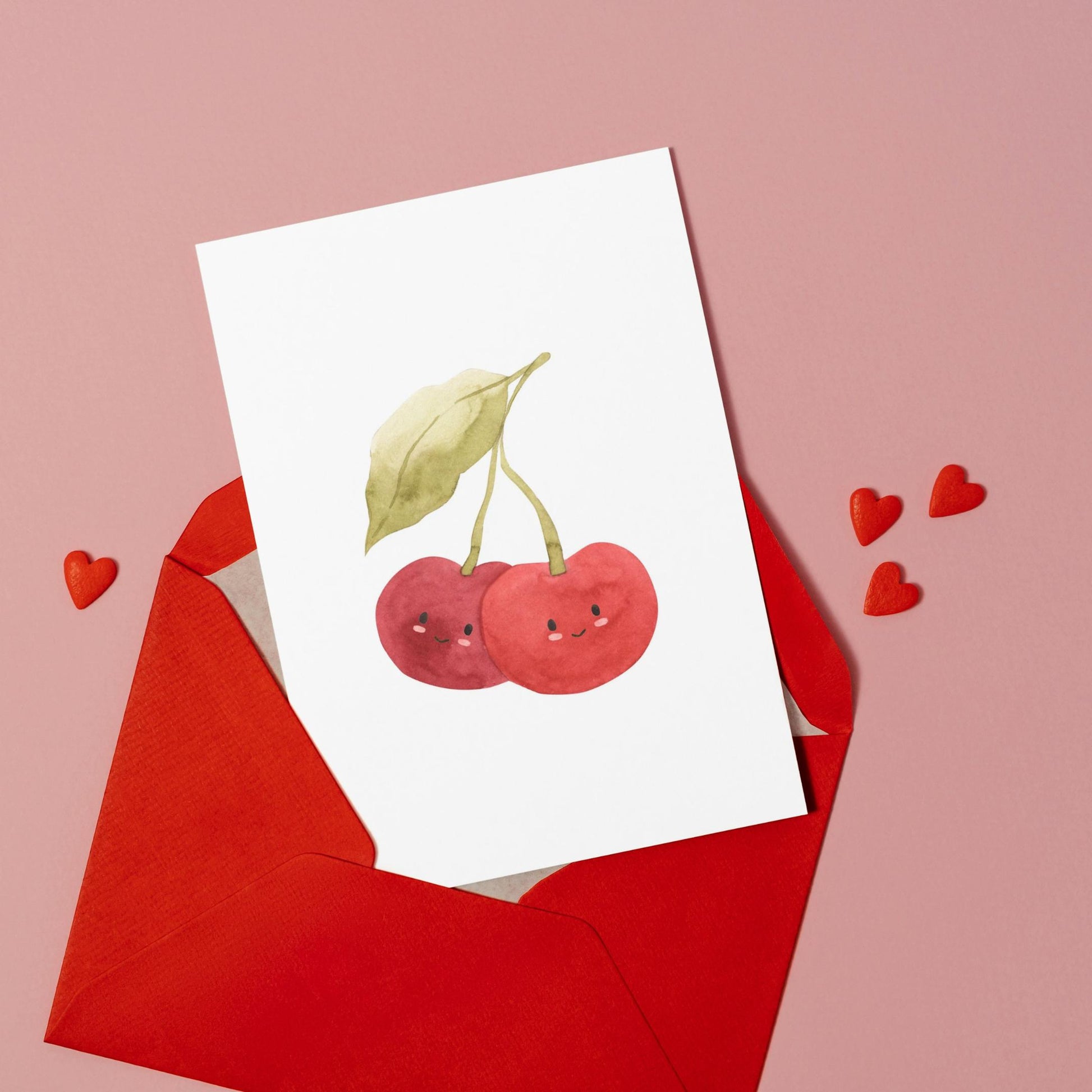 Postkarte Kirschen A6 mit süßem Kirschmotiv auf hochwertigem 300g Naturpapier, ideal für Grüße, Glückwünsche oder als Deko. Rückseite beschreibbar. Größe A6.