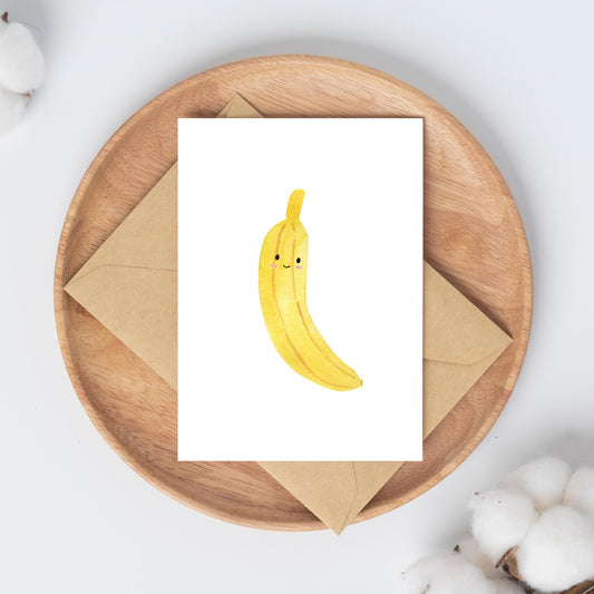 Karte Banane A6, Postkarte mit niedlichem Bananenmotiv auf hochwertigem, mattem Naturpapier. Rückseite beschreibbar. Größe A6, ideal für Grüße oder Dekoration.