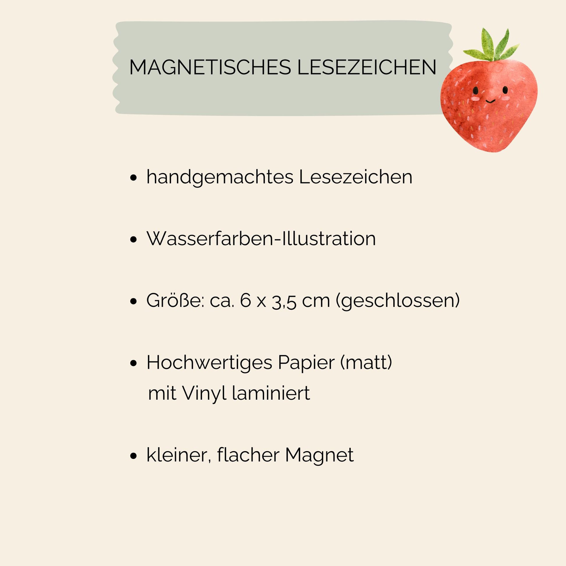 Magnetisches Lesezeichen Erdbeere mit handgemalter Erdbeerillustration, ca. 6 × 3,5 cm, aus laminiertem, mattem Papier, enthält kleine Magnete für sicheren Halt.