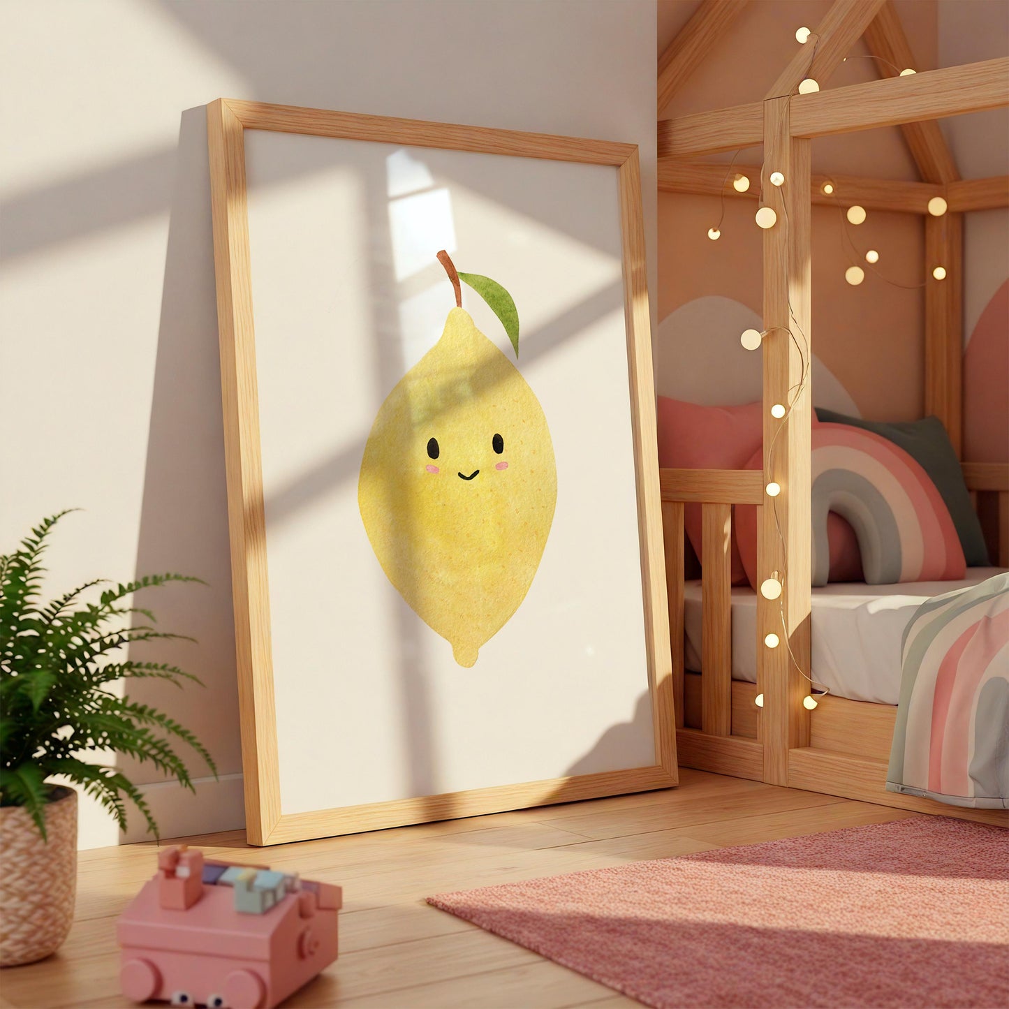 Poster Zitrone A5, A4 & A3 zeigt eine lächelnde Zitrone, ideal für fröhliche Kinderzimmerdeko auf hochwertigem, mattem Naturpapier.