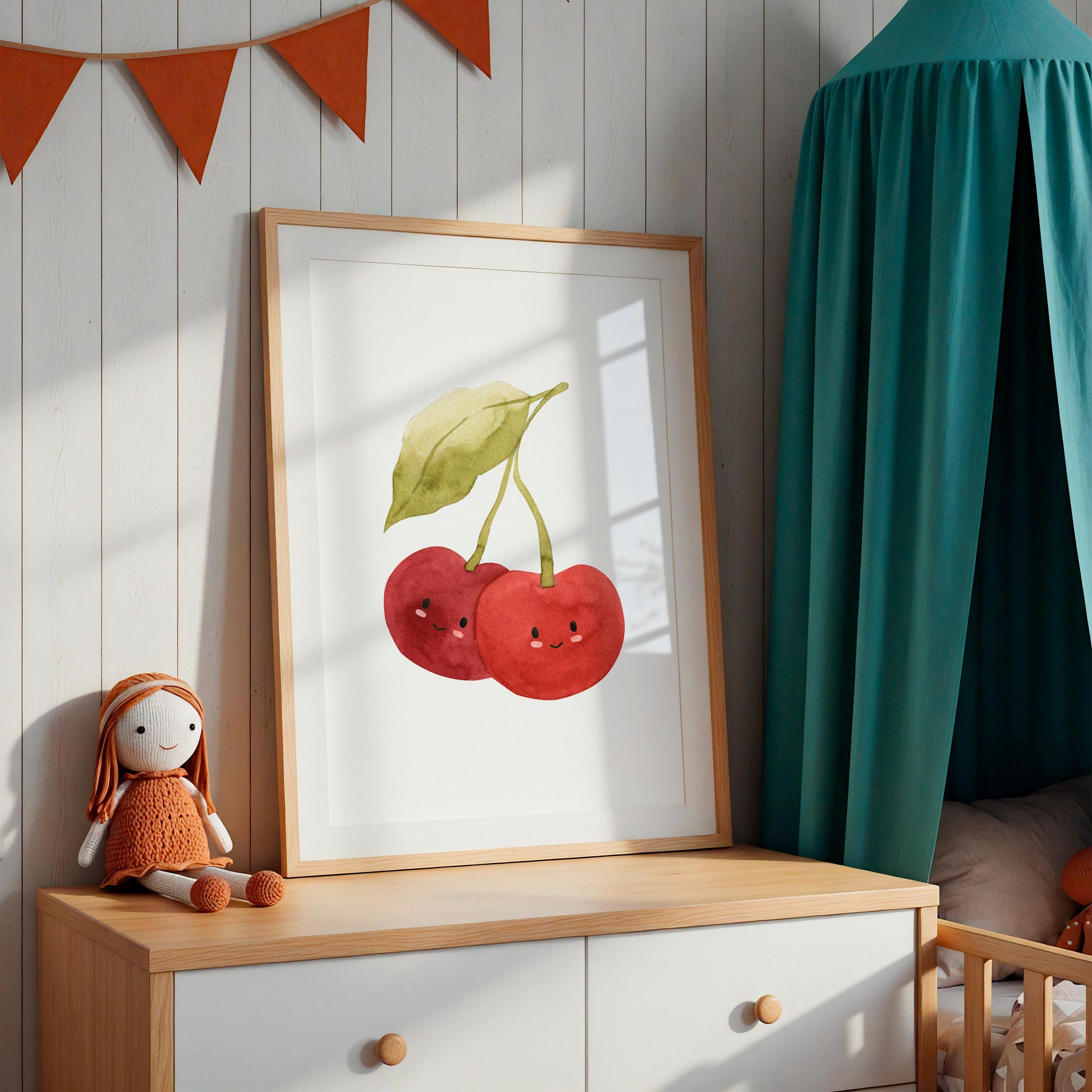 Poster Kirschen A5, A4 & A3: Fröhliches Kinderzimmerposter mit lächelnden Kirschen, gedruckt auf 300g mattem Naturpapier, ideal für Geschenke oder Dekoration.