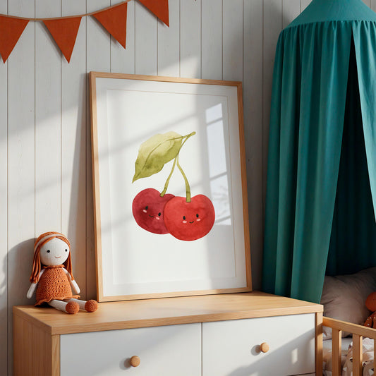 Poster Kirschen A5, A4 & A3: Fröhliches Kinderzimmerposter mit lächelnden Kirschen, gedruckt auf 300g mattem Naturpapier, ideal für Geschenke oder Dekoration.