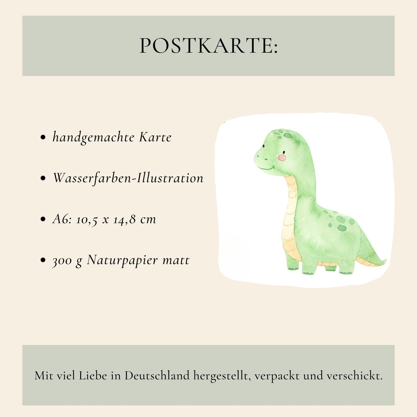 Karte Endlich Schulkind Dinosaurier A6 zeigt eine handgemalte Dino-Wasserfarbenillustration. Gedruckt auf 300g mattes Naturpapier, geeignet als Glückwunschkarte oder Einladung zur Einschulung.