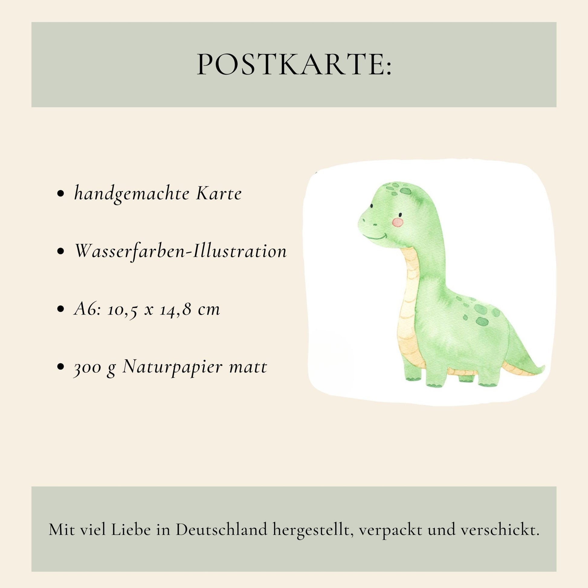 Karte Endlich Schulkind Dinosaurier A6 zeigt eine handgemalte Dino-Wasserfarbenillustration. Gedruckt auf 300g mattes Naturpapier, geeignet als Glückwunschkarte oder Einladung zur Einschulung.