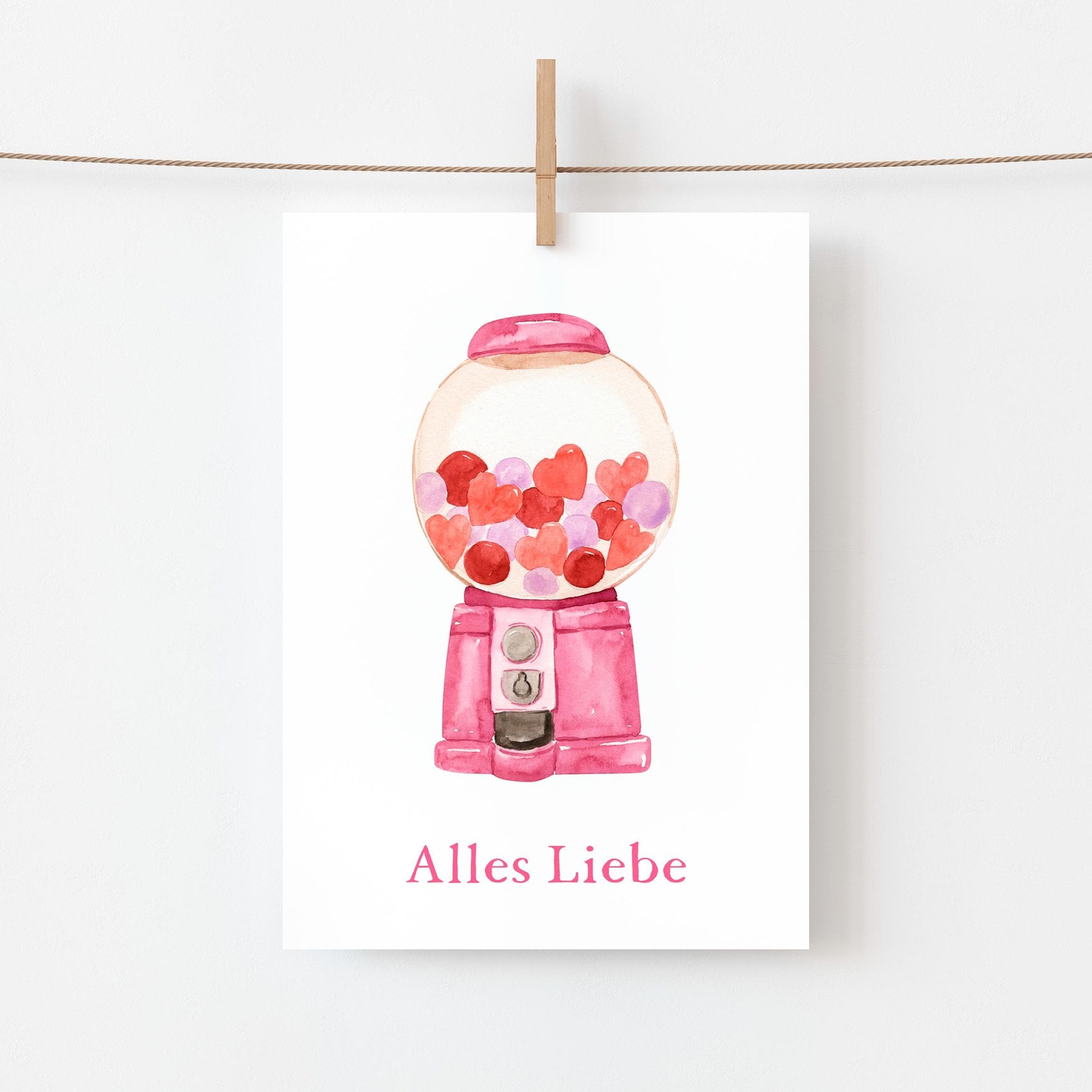 Postkarte Karte Süßigkeiten Alles Liebe A6 mit Retro-Motiv aus herzförmigen Süßigkeiten und Alles Liebe-Schriftzug, gedruckt auf mattes 300g Naturpapier.