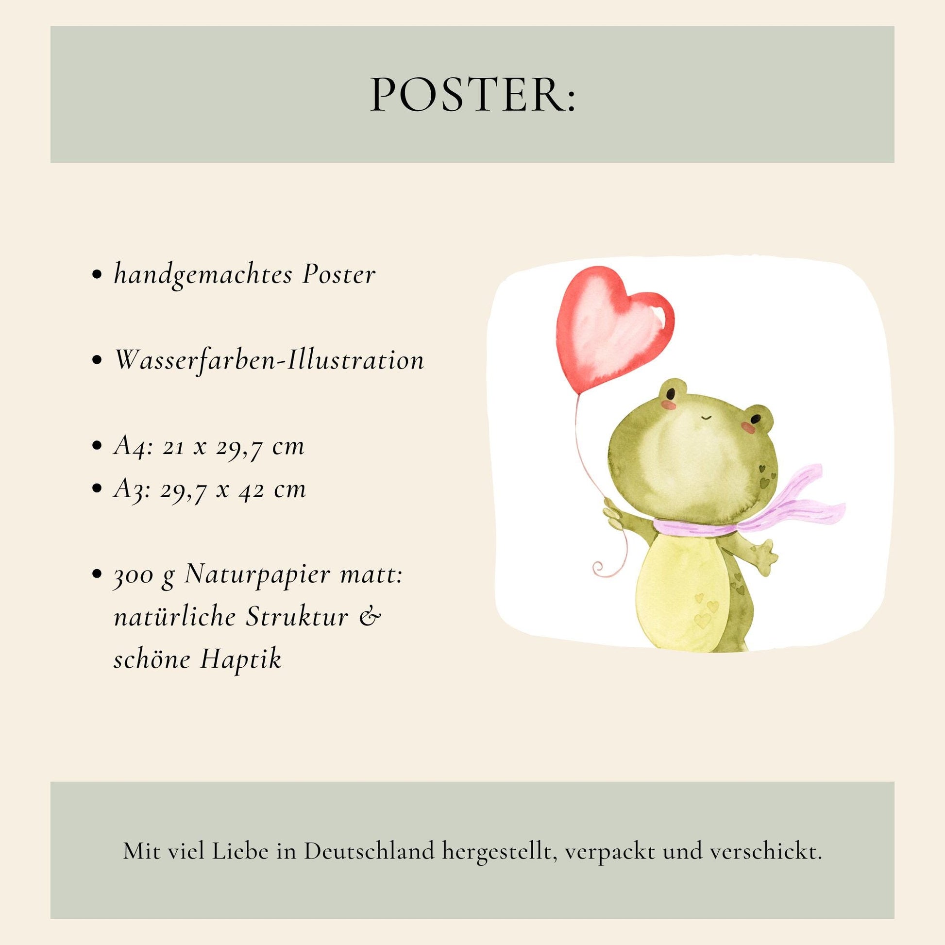 Poster Frosch & Ballon A3 & A4: Niedliches Froschdesign auf hochwertigem, mattem Naturpapier. Perfekt für Kinderzimmer, erhältlich in A4 und A3. Rahmen nicht enthalten.