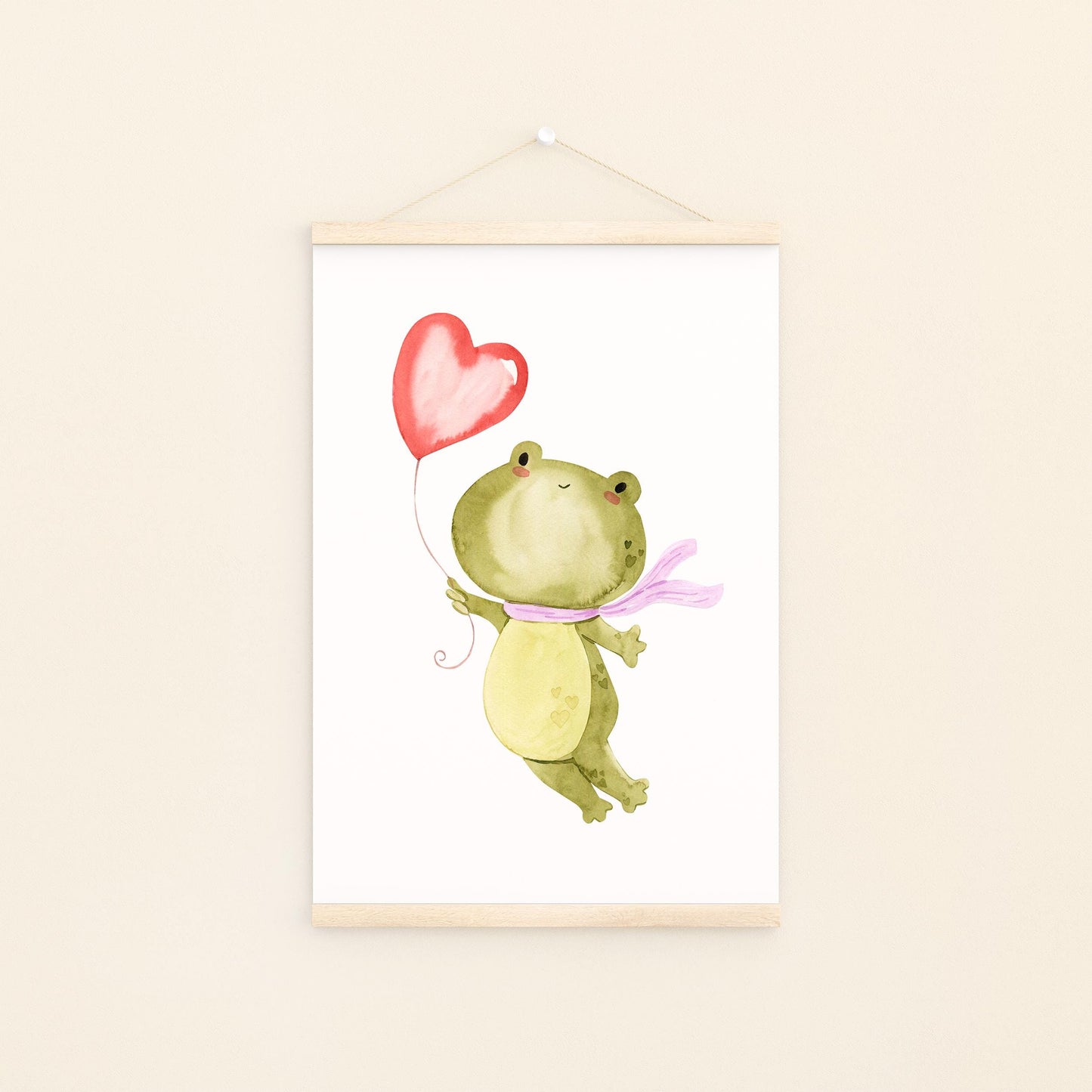 Poster Frosch & Ballon A3 & A4: Niedliches Froschdesign auf hochwertigem, mattem 300g Naturpapier. Perfekt für Kinder- oder Babyzimmer, ohne Rahmen aufhängbar.