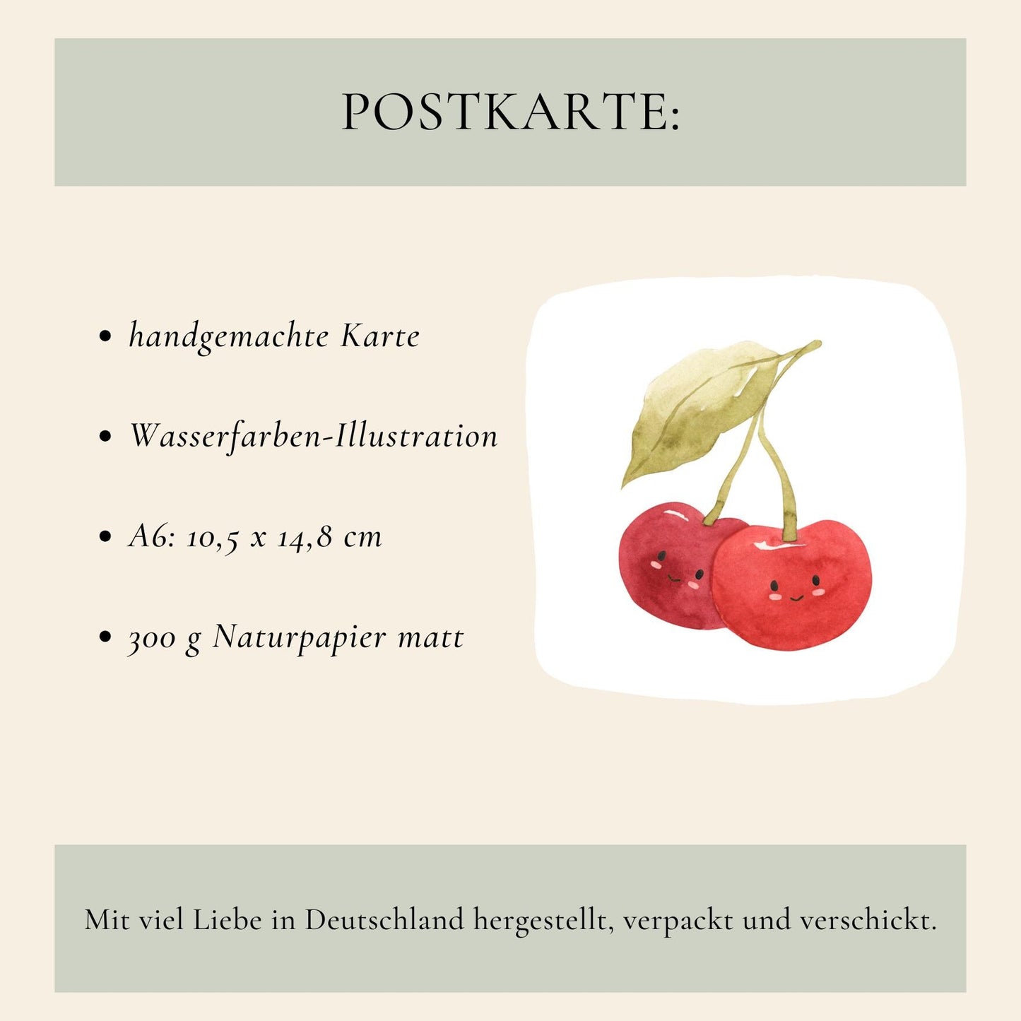 Postkarte Kirschen A6, mit liebevoll gestalteten Kirschmotiven, auf hochwertigem, mattem 300g Naturpapier gedruckt, perfekt für Grüße oder als Dekoration.