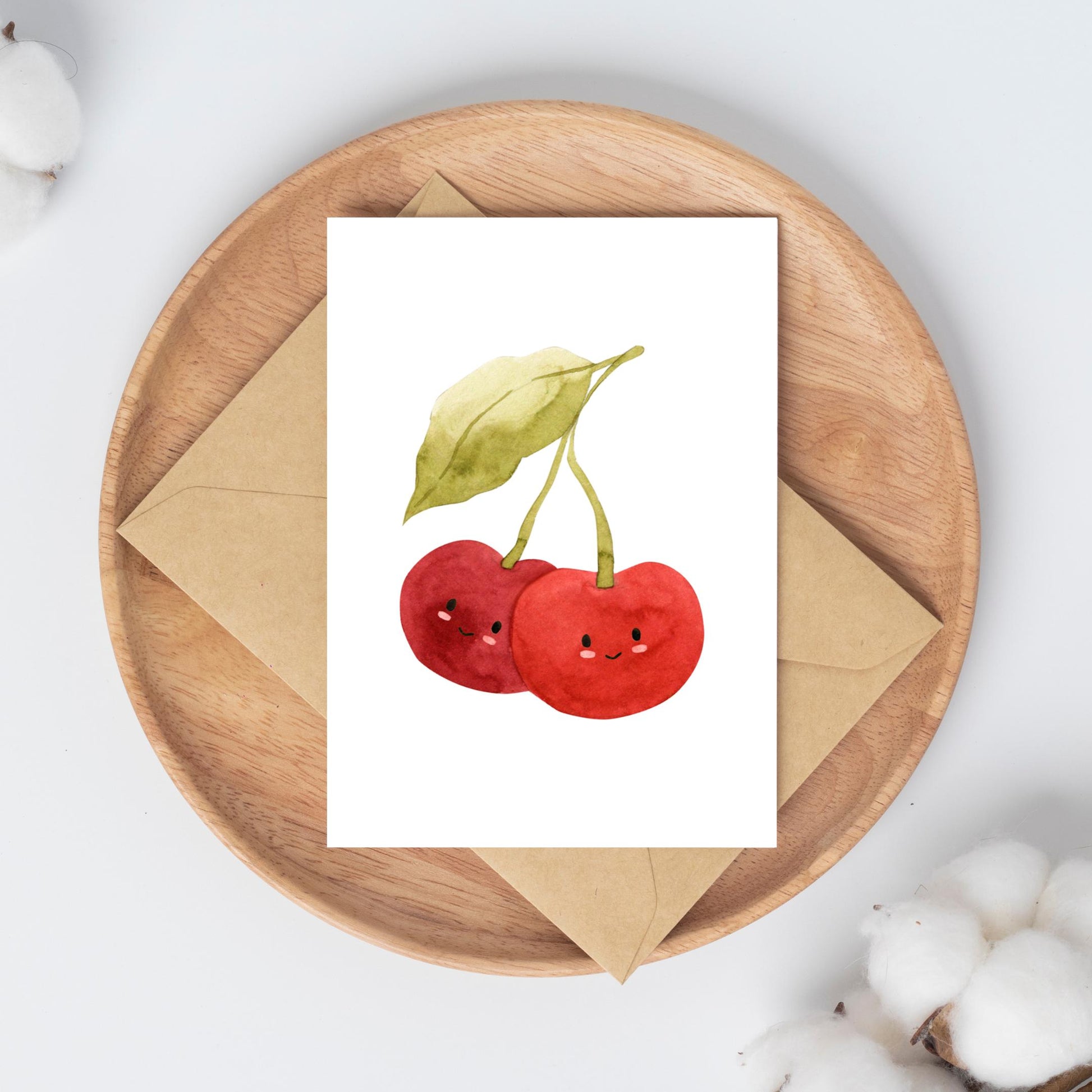Postkarte Karte Kirschen A6 mit süßen Kirschmotiven, gedruckt auf hochwertigem, mattem Naturpapier, ideal für Grüße oder als dekoratives Element.