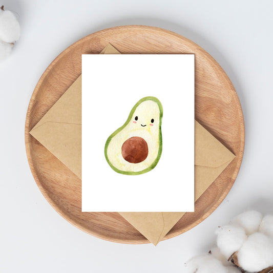 Postkarte Avocado A6 aus mattem Naturpapier zeigt eine liebevoll illustrierte Avocado. Ideal für Grüße, Glückwünsche oder als kleines Geschenk.