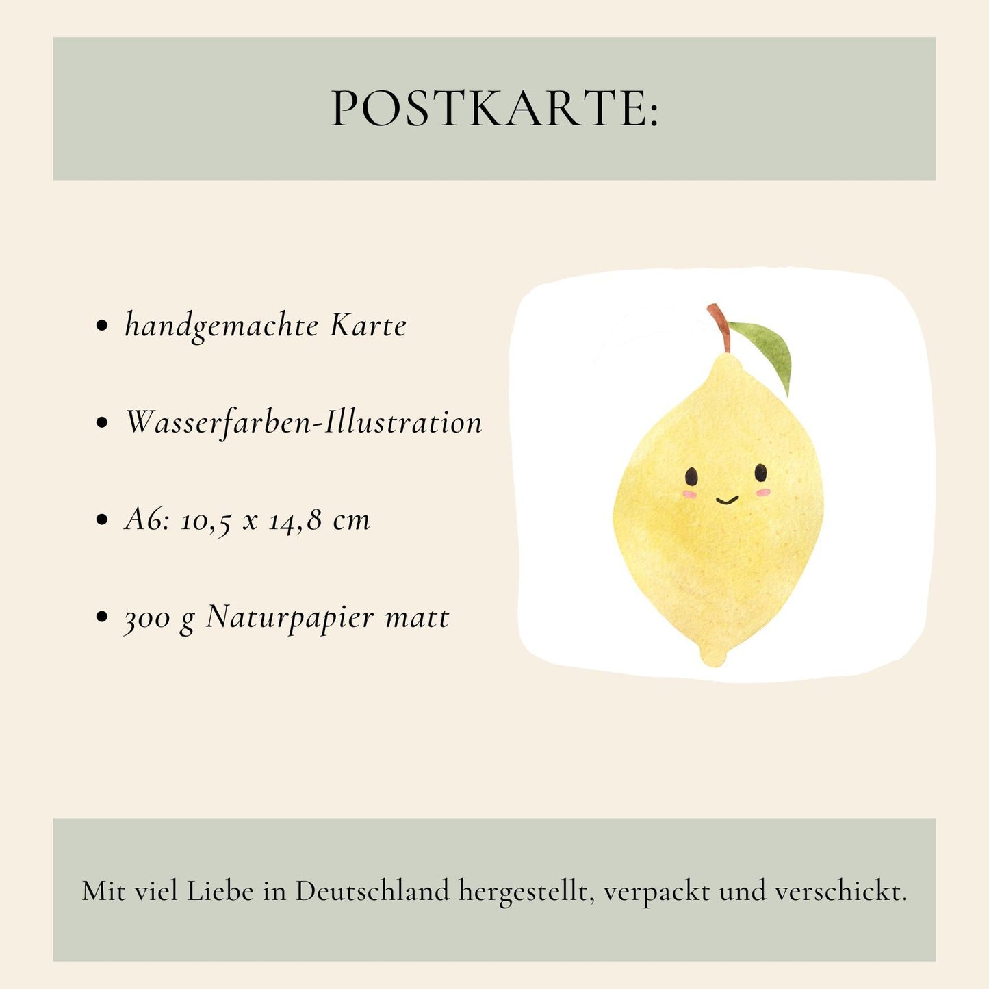 Postkarte Zitrone A6 mit süßem Zitronendesign auf mattem, beschreibbarem Naturpapier. Ideal für Grüße, Glückwünsche oder als dekorativer Rahmeninhalt. Größe A6.