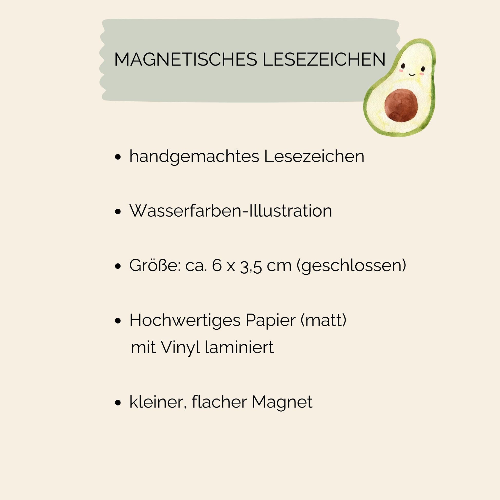 Magnetisches Lesezeichen Avocado: Handgemachtes, laminiertes Lesezeichen mit Aquarell-Avocado, ca. 6x3,5 cm, mit flachen Magneten für sicheren Halt an Buchseiten.