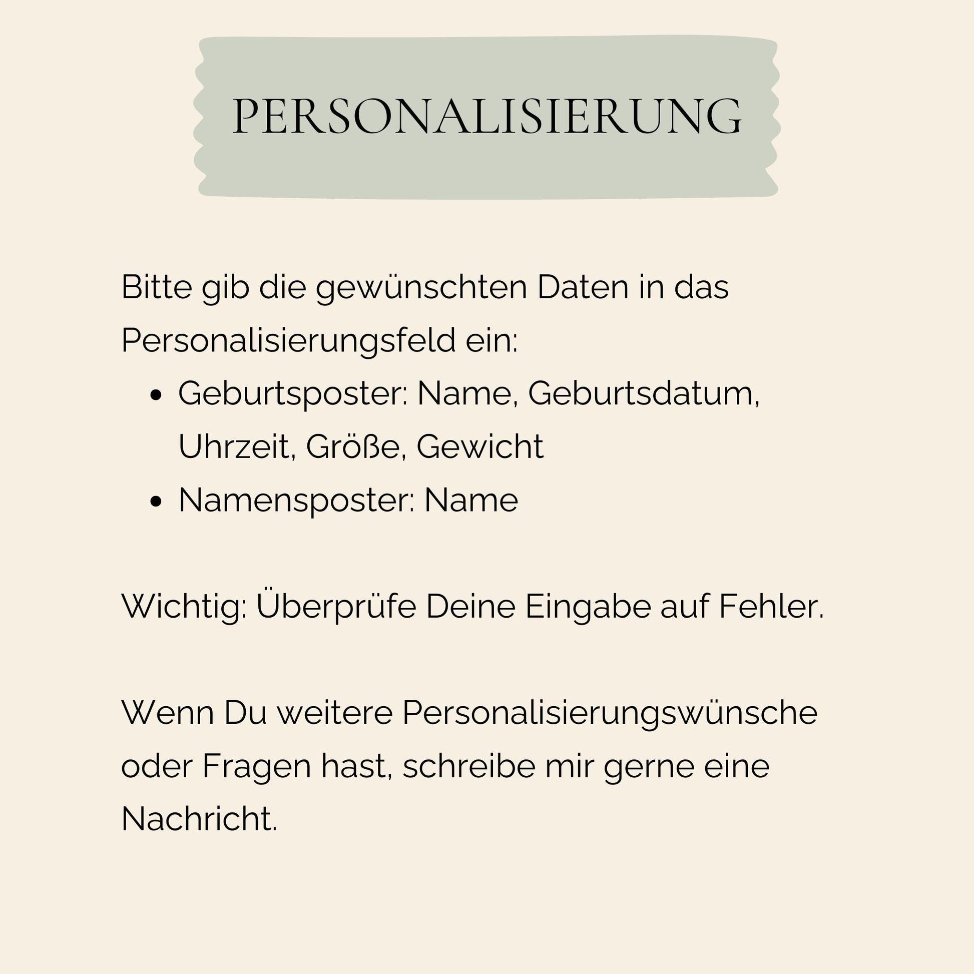 Geburtsposter Dino personalisiert: Anleitungsblatt zur Personalisierung mit Feldern für Name, Geburtsdatum, Uhrzeit, Größe, Gewicht; Hinweis auf Fehlerprüfung und Kontaktmöglichkeiten bei Fragen.