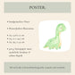 Geburtsposter Dino personalisiert: Handgemachtes Poster mit grünem Dinosaurier, erhältlich in A5, A4, A3, gedruckt auf 300g mattem Naturpapier für Kinderzimmer.