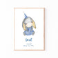 Geburtsposter Esel personalisiert: Aquarell-Esel mit blauem Partyhut und Latzhose, darunter Name Emil und Geburtsdaten auf hochwertigem Papier. Perfektes Geschenk oder Kinderzimmerdeko.