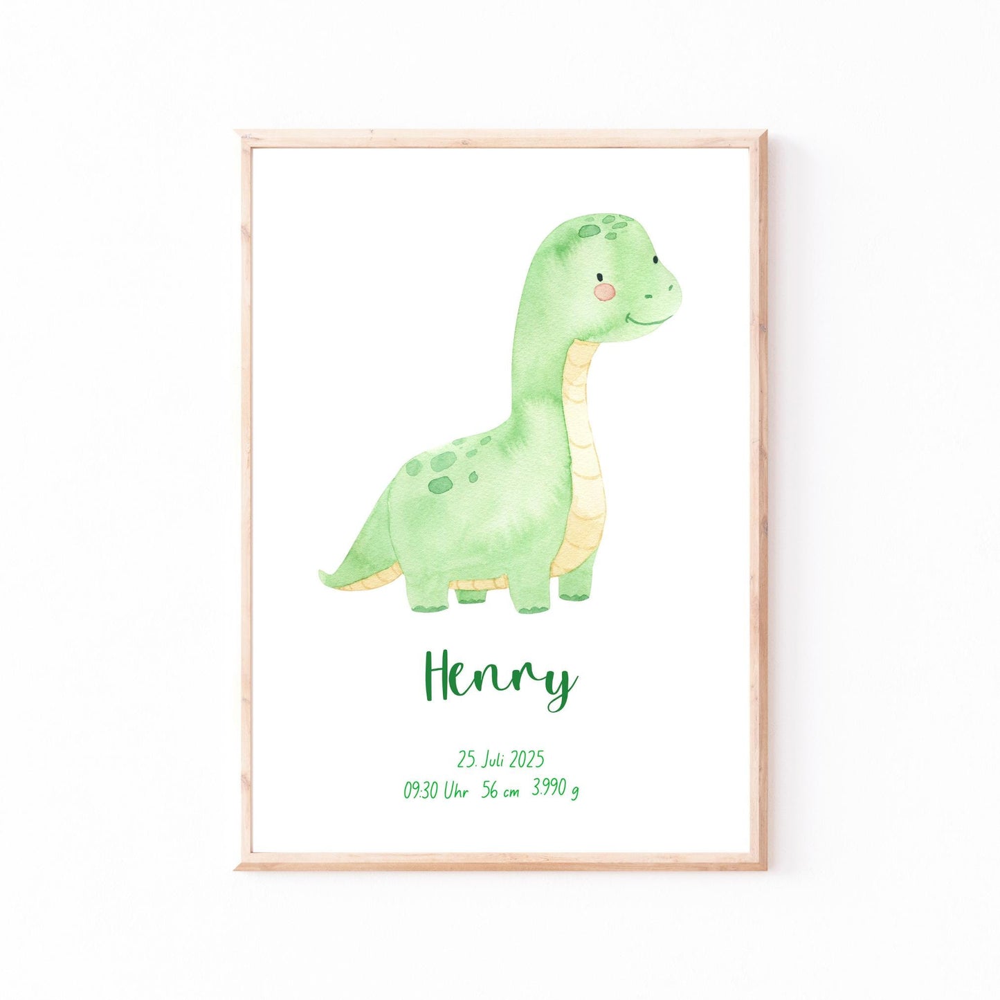 Geburtsposter Dino personalisiert mit grünem Baby-Dinosaurier und Name Henry, zeigt Geburtsdatum und Details. Perfektes Andenken, individuell gestaltbar, ohne Rahmen.