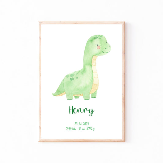 Geburtsposter Dino personalisiert mit grünem Baby-Dinosaurier und Name Henry, zeigt Geburtsdatum und Details. Perfektes Andenken, individuell gestaltbar, ohne Rahmen.