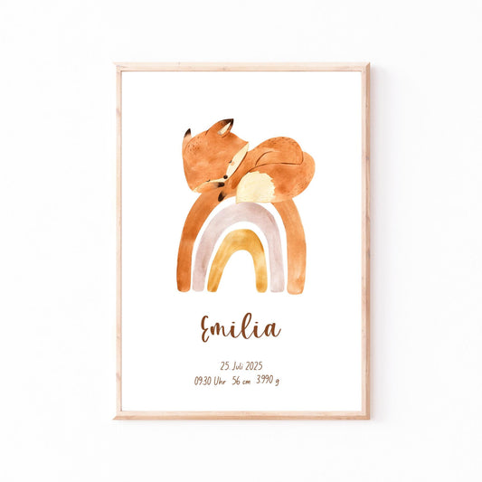 Geburtsposter Fuchs auf Regenbogen personalisiert zeigt schlafenden Fuchs auf Regenbogen, darunter Name Emilia und Geburtsdetails, ideal für Kinderzimmer-Dekor.