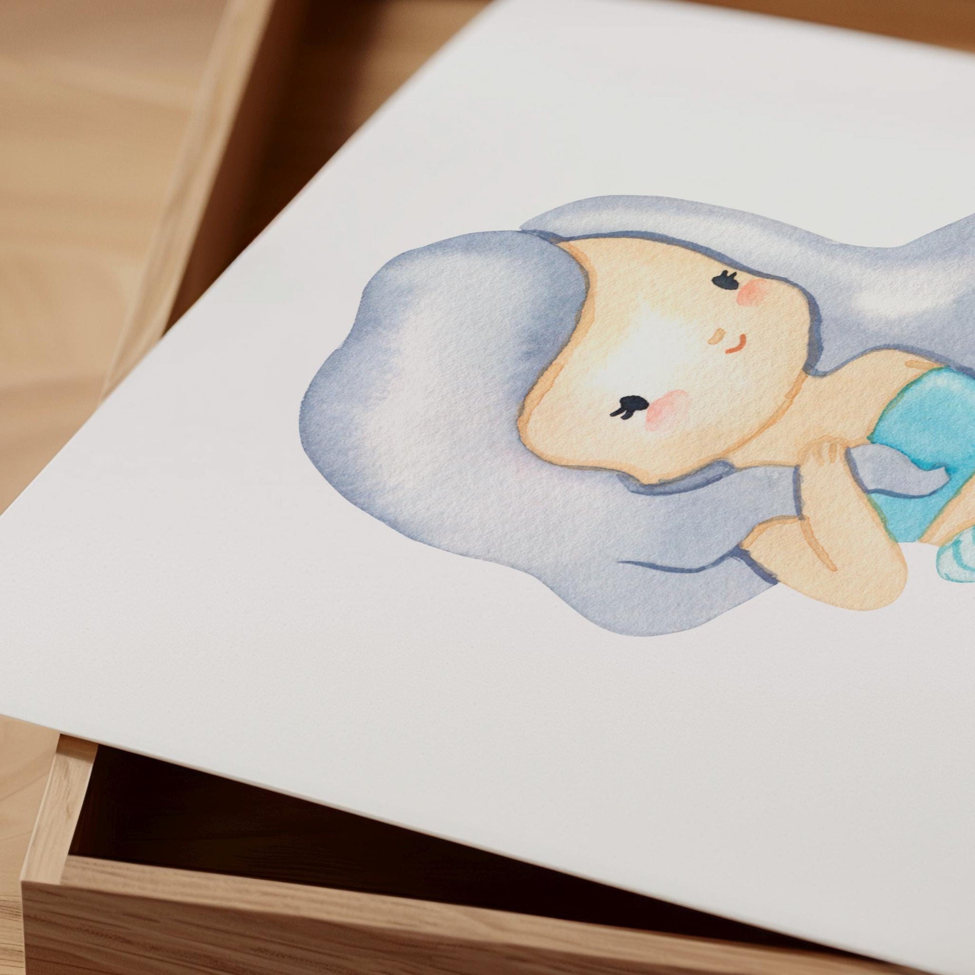 Namensposter personalisiert im 3er Set: Meerjungfrau A3 & A4 zeigt ein Aquarell-Mädchen mit fließendem Haar auf weißem Papier, ideal als Kinderzimmerdeko.