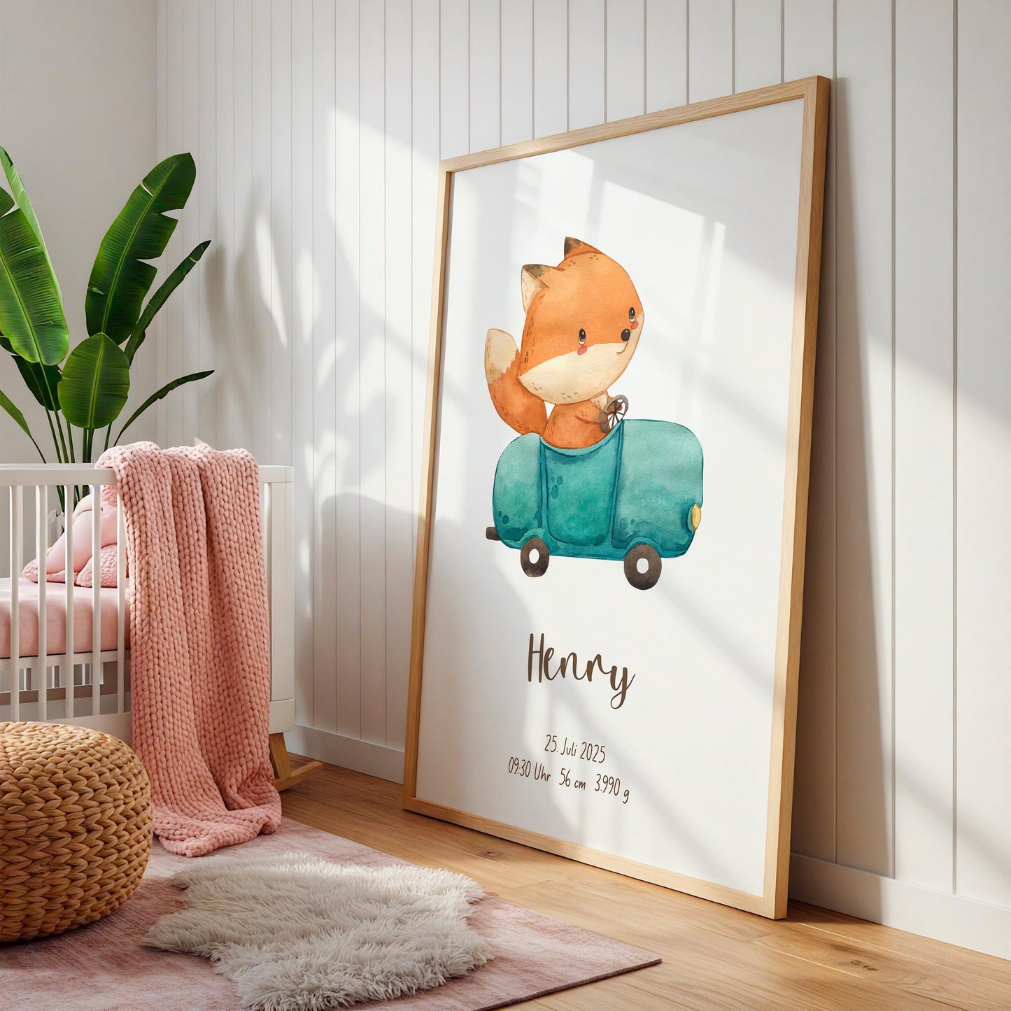Geburtsposter Fuchs & Auto personalisiert zeigt Fuchs im Auto, Name Henry und Geburtsdetails. Perfekt für Kinderzimmer, ohne Rahmen und Deko.