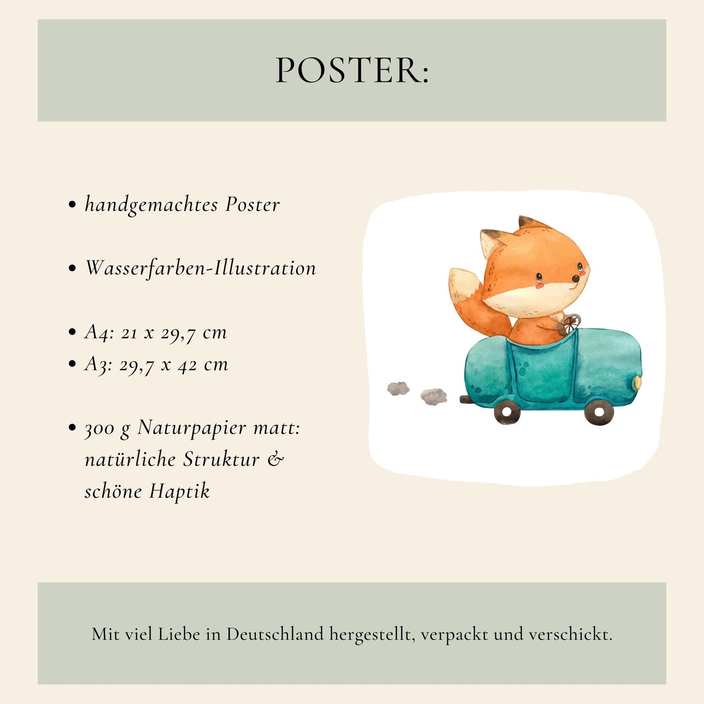Geburtsposter Fuchs & Rennauto personalisiert A3 & A4: Handgemachtes Aquarell eines Fuchses im Auto, auf Naturpapier gedruckt. Perfekt für Kinderzimmer, individualisierbar mit Namen und Geburtsdaten.