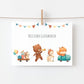 Karte Kindergeburtstag Tierparade Waldtiere A6: Handgezeichnete Karte mit Igel, Bär, Hase und Fuchs unter Herzlichen Glückwunsch-Schriftzug, perfekt für tierliebende Geburtstagskinder.