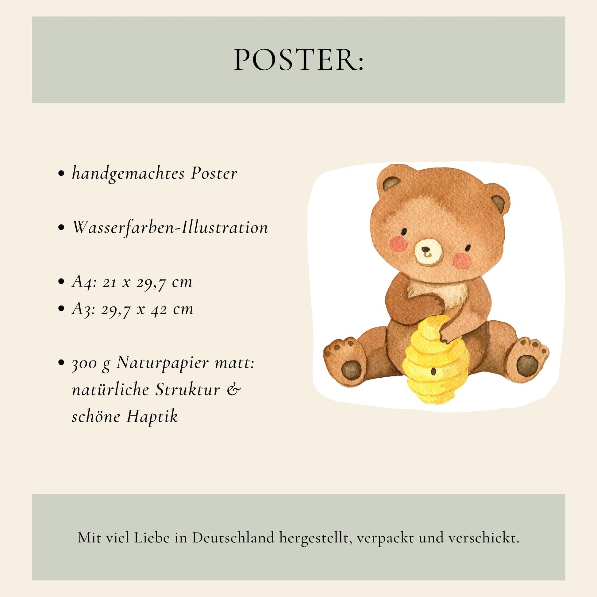 Namensposter personalisiert im 3er Set: Bären und Bienen. Handgemalte Aquarell-Illustration eines Teddybären mit Bienenstock. Gedruckt auf hochwertigem Naturpapier, A3 und A4 Größen verfügbar.