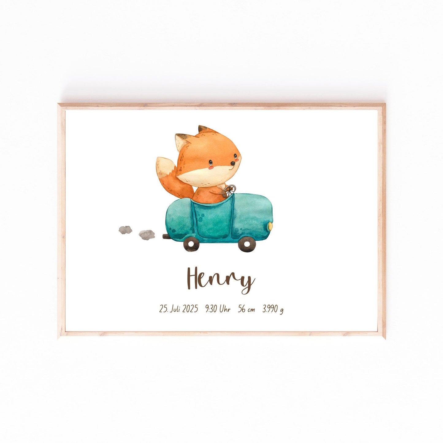 Geburtsposter Fuchs & Rennauto personalisiert A3 & A4: Aquarell-Fuchs im Auto, mit Name Henry und individuellen Geburtsdaten in handschriftlicher Schrift.