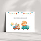 Karte Kindergeburtstag Igel und Fuchs A6: Aquarell-Grußkarte mit Fuchs im Auto, Igel im Anhänger, Herzlichen Glückwunsch Text, perfekt für tierliebende Kindergeburtstagskinder.